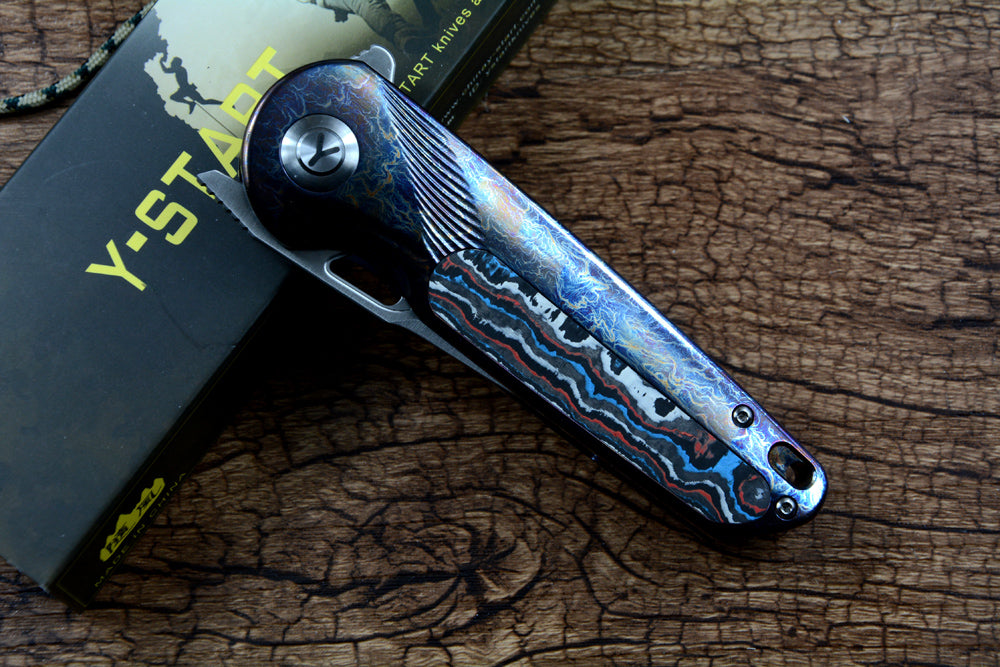 Y-START Pocket Folding Knife 154CM Blade Carbon Fiber Anode Titanium Handle LK5032C