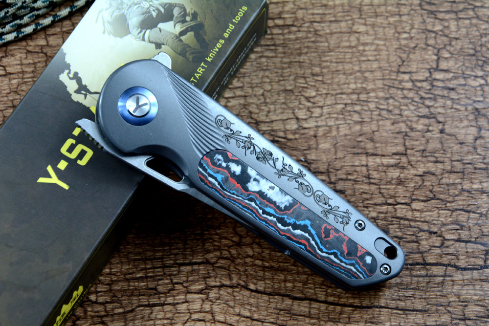 Y-START Folding Pocket Knife 154CM Blade Carbon Fiber Laser TC4 Titanium LK5032F