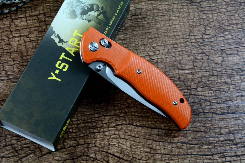 Y-START JIN02 Axial Folding Knife D2 Satin Blade Ball Bearing Washer G10 Handle Orange