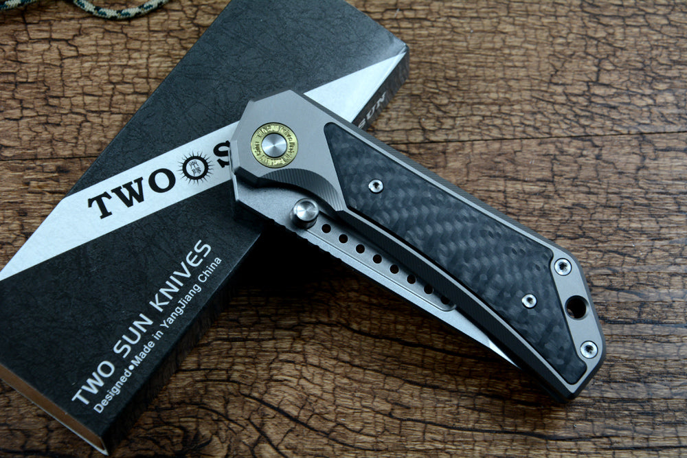 TWOSUN TS600 Folding Knife 14C28N Tanto Blade Carbon Fiber Titanium Handle