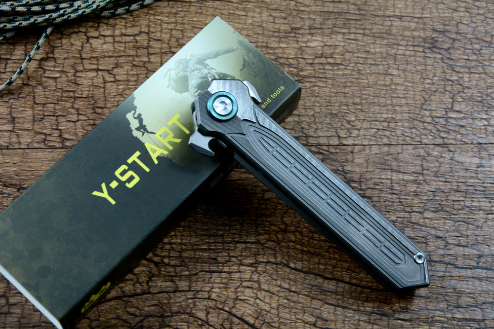 Y-START Folding Knife D2 Blade Spear Point Titanium RH02 Flipper Fast Open