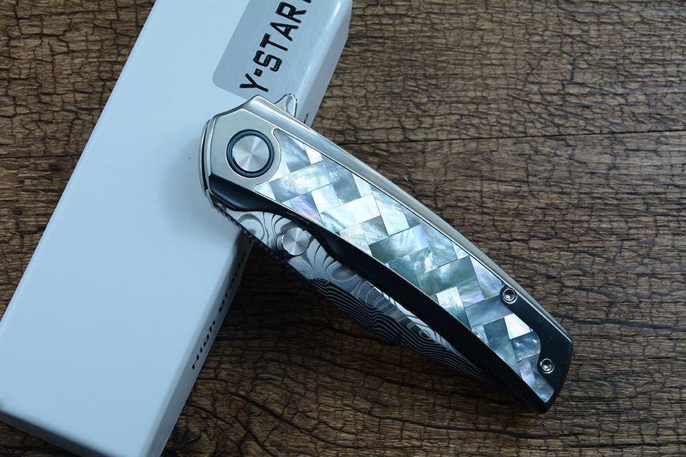 Y-START Damascus Blade Folding Knife Titanium inlay Clam Shell Handle YF04