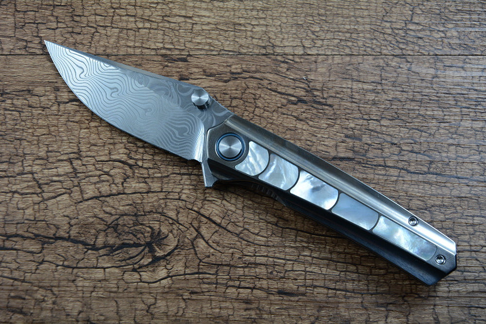 Y-START Folding Knife Damascus Blade TC4 Titanium inlay Pearly Shell Handle YF05