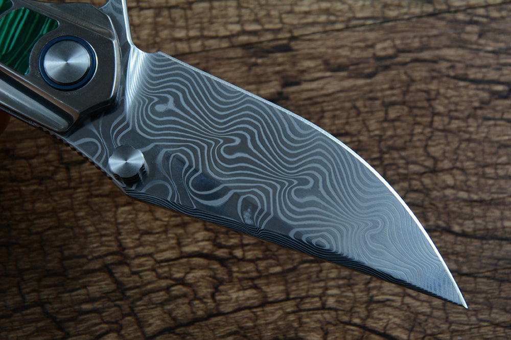 Y-START Folding Knife Damascus Blade TC4 Titanium inlay Artifical Agate YF05 Green