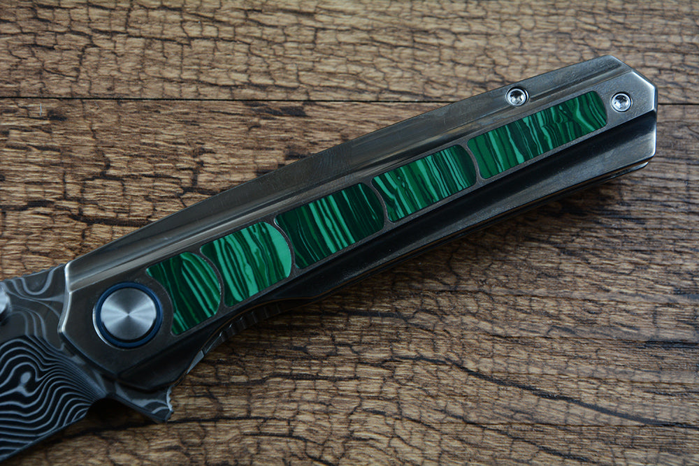 Y-START Folding Knife Damascus Blade TC4 Titanium inlay Artifical Agate YF05 Green