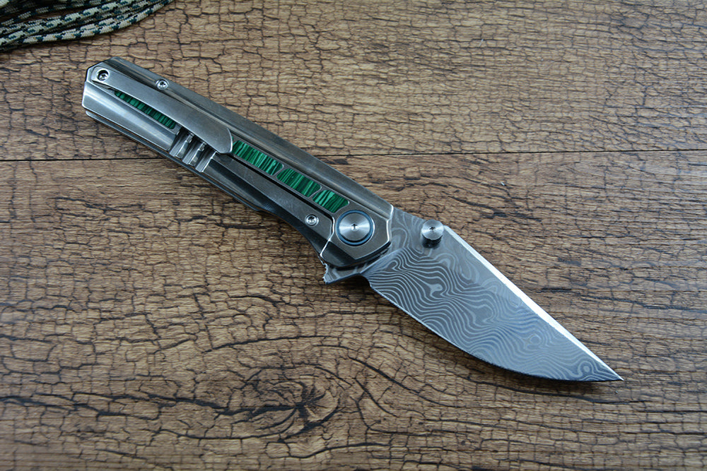 Y-START Folding Knife Damascus Blade TC4 Titanium inlay Artifical Agate YF05 Green