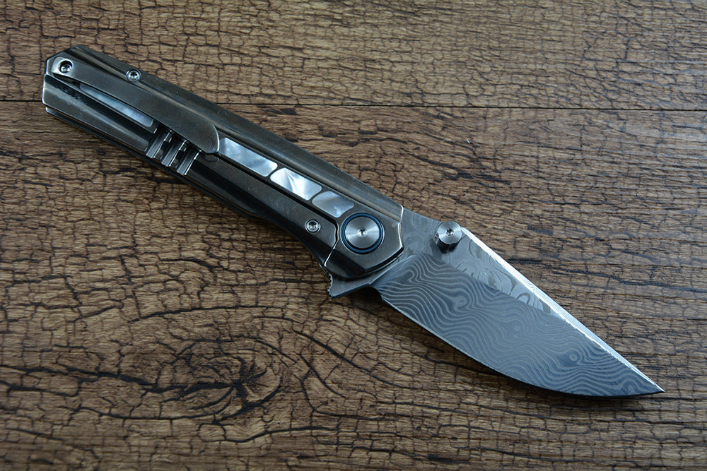 Y-START Folding Knife Damascus Blade TC4 Titanium inlay Pearly Shell Handle YF05