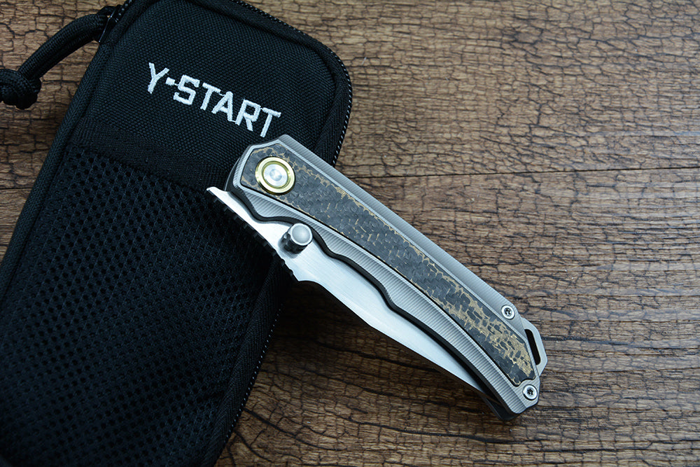 Y-START M390 Blade TC4 Carbon Fiber Handle Folding Pocket Knife RIHE YJ2524