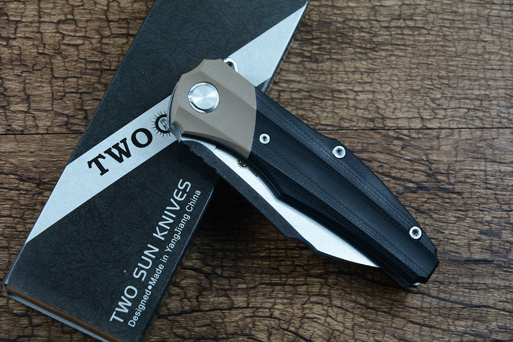 TWOSUN Folding Knife D2 Blade Stonewashed Ball Bearing Washer G10 Handle TS50G