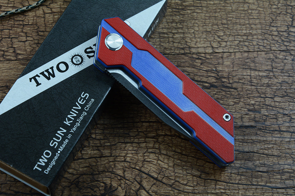 TWOSUN D2 Blade Pocket Folding Knife Red Blue G10 Handle TS38