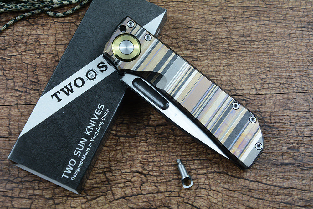 TWOSUN TS346 Folding Knife D2 Blade Copper Washer Color Titanium Handle