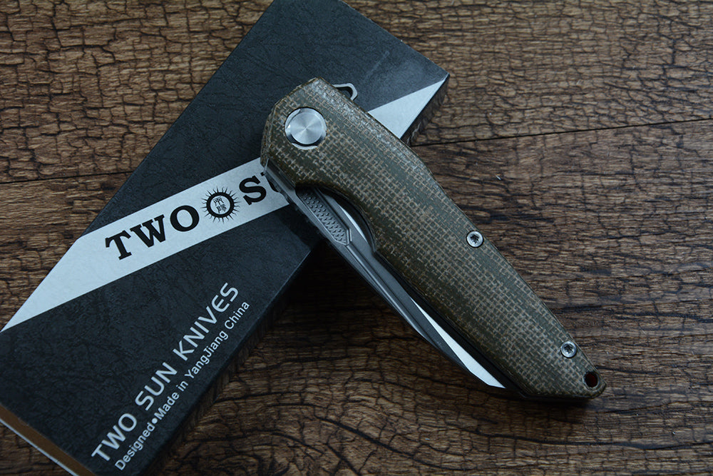 TWOSUN Folding Pocket Knife D2 Blade Brown Micarta Handle TS48