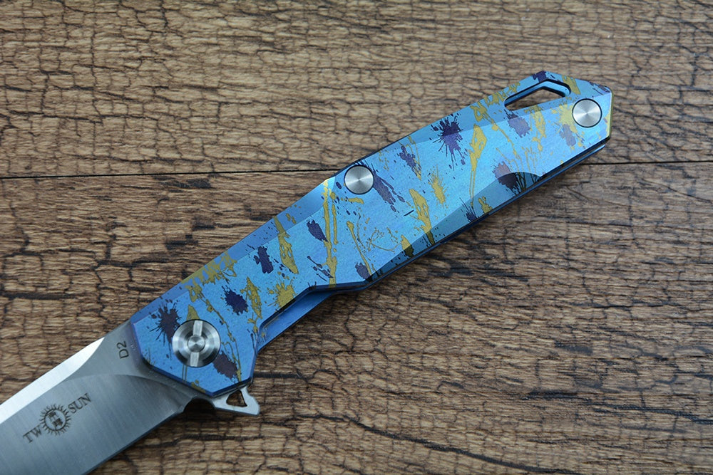 TWOSUN Folding Pocket Outdoor Knives D2 Blade TS21 Blue