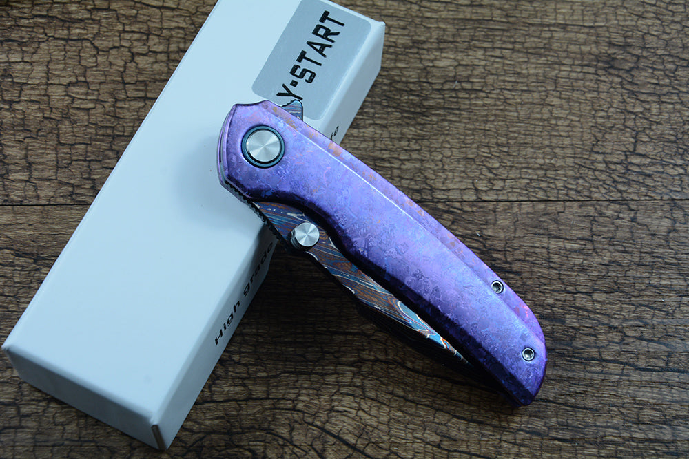 Y-START Damascus Blade Pocket Knife Ice Crystal Pattern TC4 Handle Flipper YF09