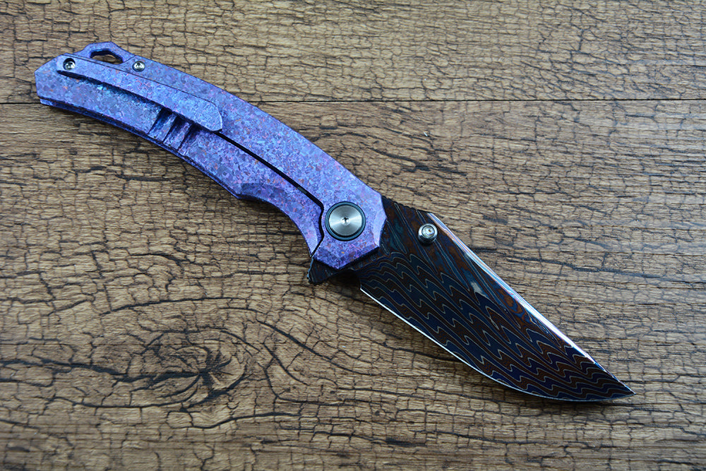 Y-START Folding Knife Damascus Blade Ice Crystal Pattern TC4 Handle YF10