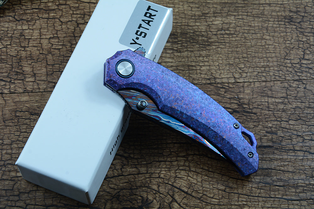 Y-START Folding Knife Damascus Blade Ice Crystal Pattern TC4 Handle YF10