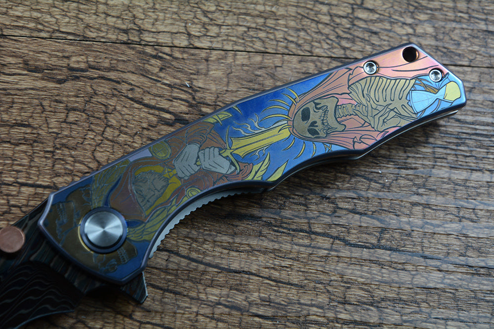 Y-START Folding Knife Damascus Blade TC4 Handle Laser Pattern YF12