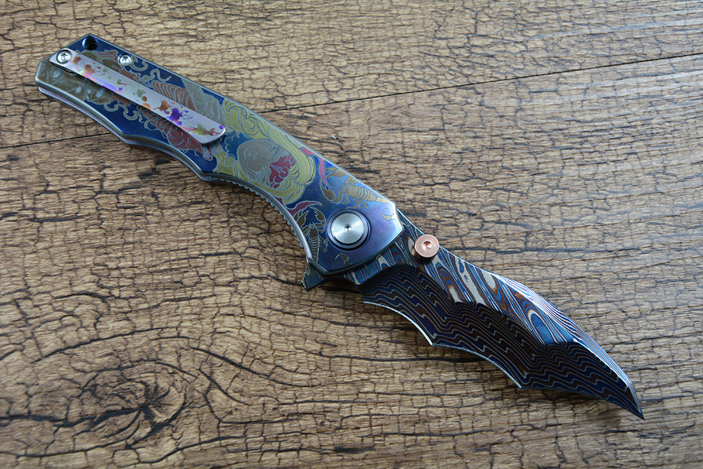Y-START Folding Knife Damascus Blade TC4 Handle Laser Pattern YF12