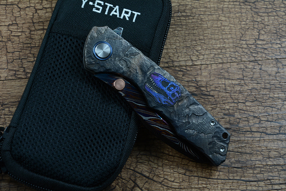 Y-START Folding Knife Damascus Blade TC4 Titanium Handle YF12