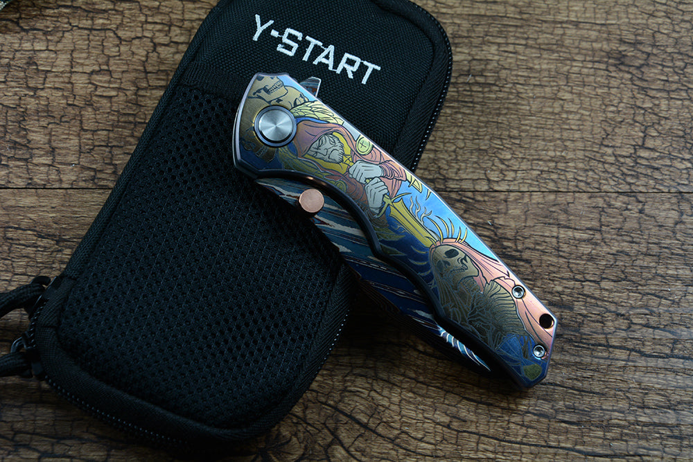 Y-START Folding Knife Damascus Blade TC4 Handle Laser Pattern YF12