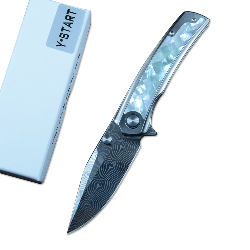 Y-START Damascus Blade Folding Knife Titanium inlay Clam Shell Handle YF04