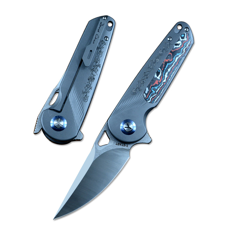 Y-START Folding Pocket Knife 154CM Blade Carbon Fiber Laser TC4 Titanium LK5032F
