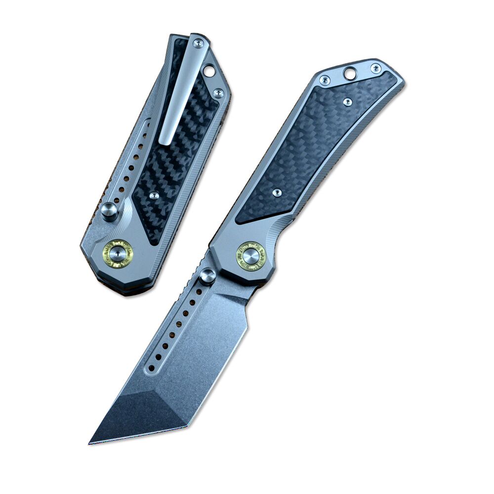 TWOSUN TS600 Folding Knife 14C28N Tanto Blade Carbon Fiber Titanium Handle