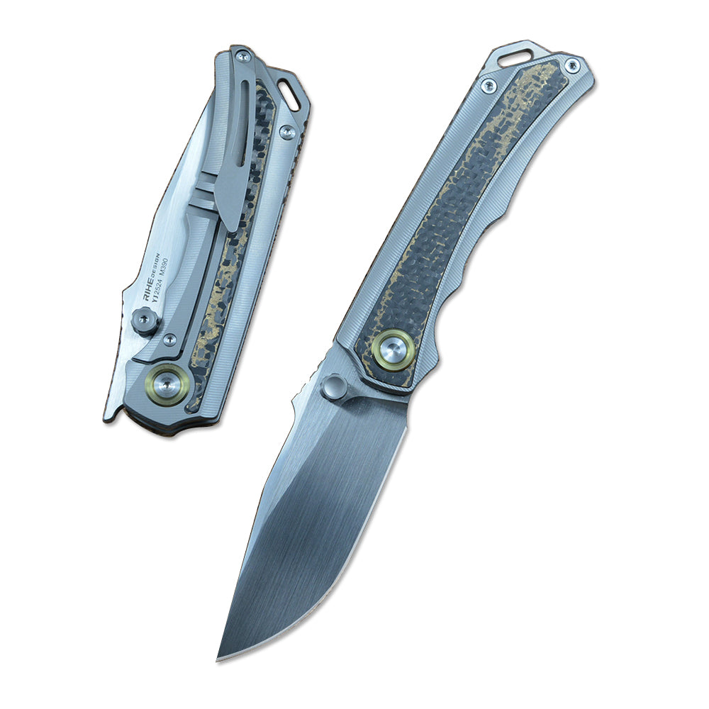 Y-START M390 Blade TC4 Carbon Fiber Handle Folding Pocket Knife RIHE YJ2524