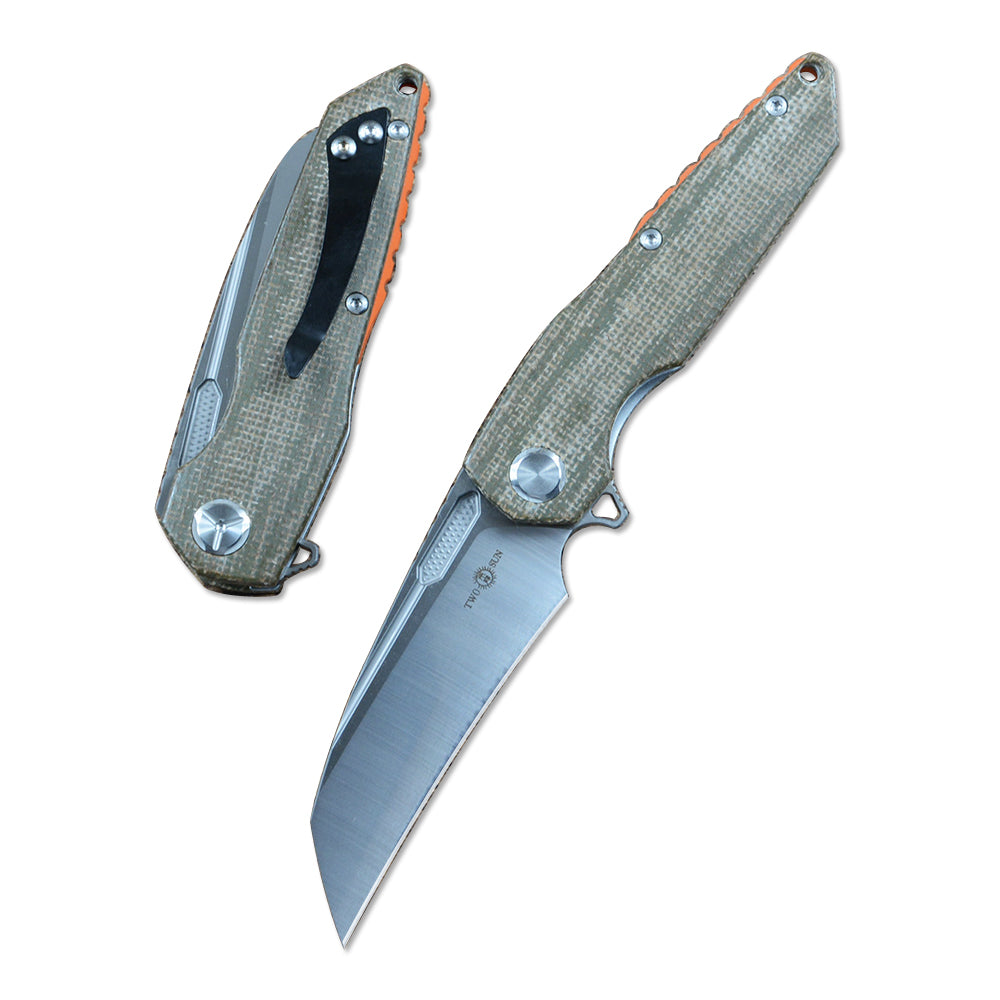 TWOSUN Folding Pocket Knife D2 Blade Brown Micarta Handle TS48