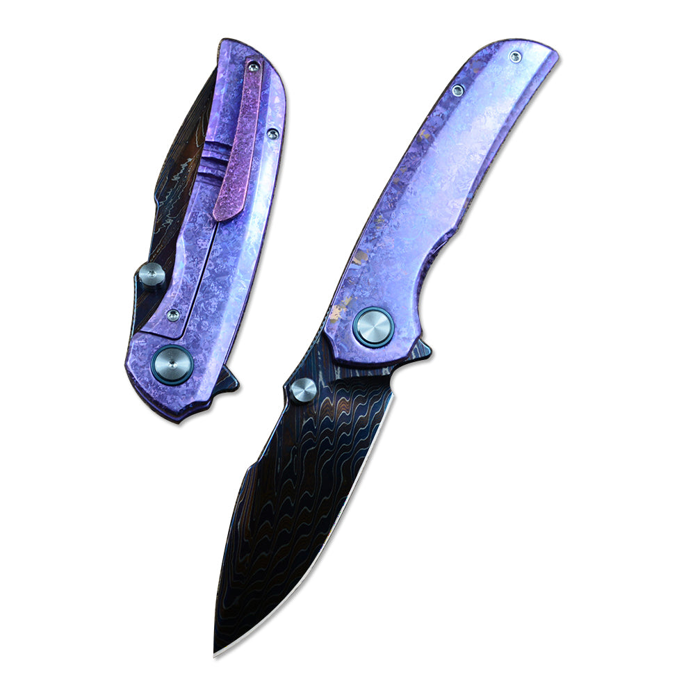 Y-START Damascus Blade Pocket Knife Ice Crystal Pattern TC4 Handle Flipper YF09