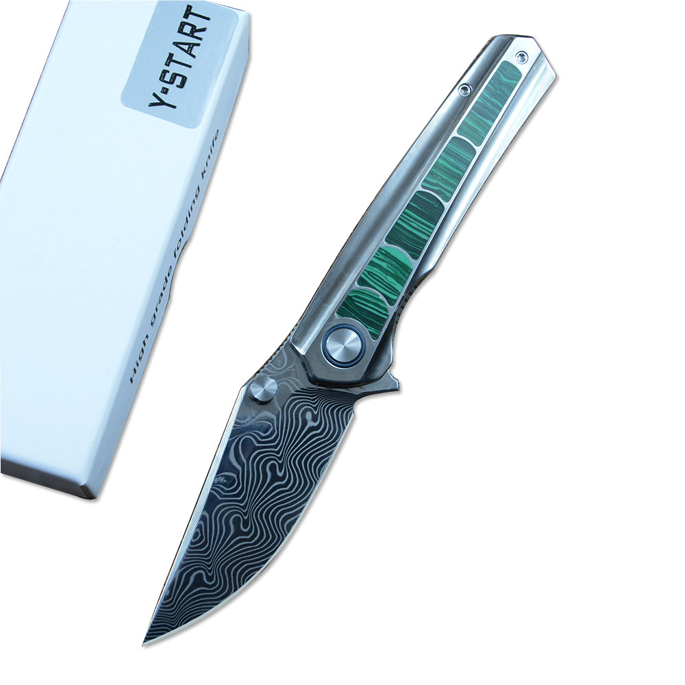 Y-START Folding Knife Damascus Blade TC4 Titanium inlay Artifical Agate YF05 Green